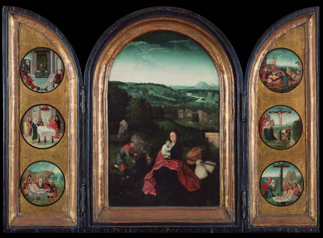 Hvil på Triptykon på flugten til Egypten, ca 1515 af Joachim Patinir follower of