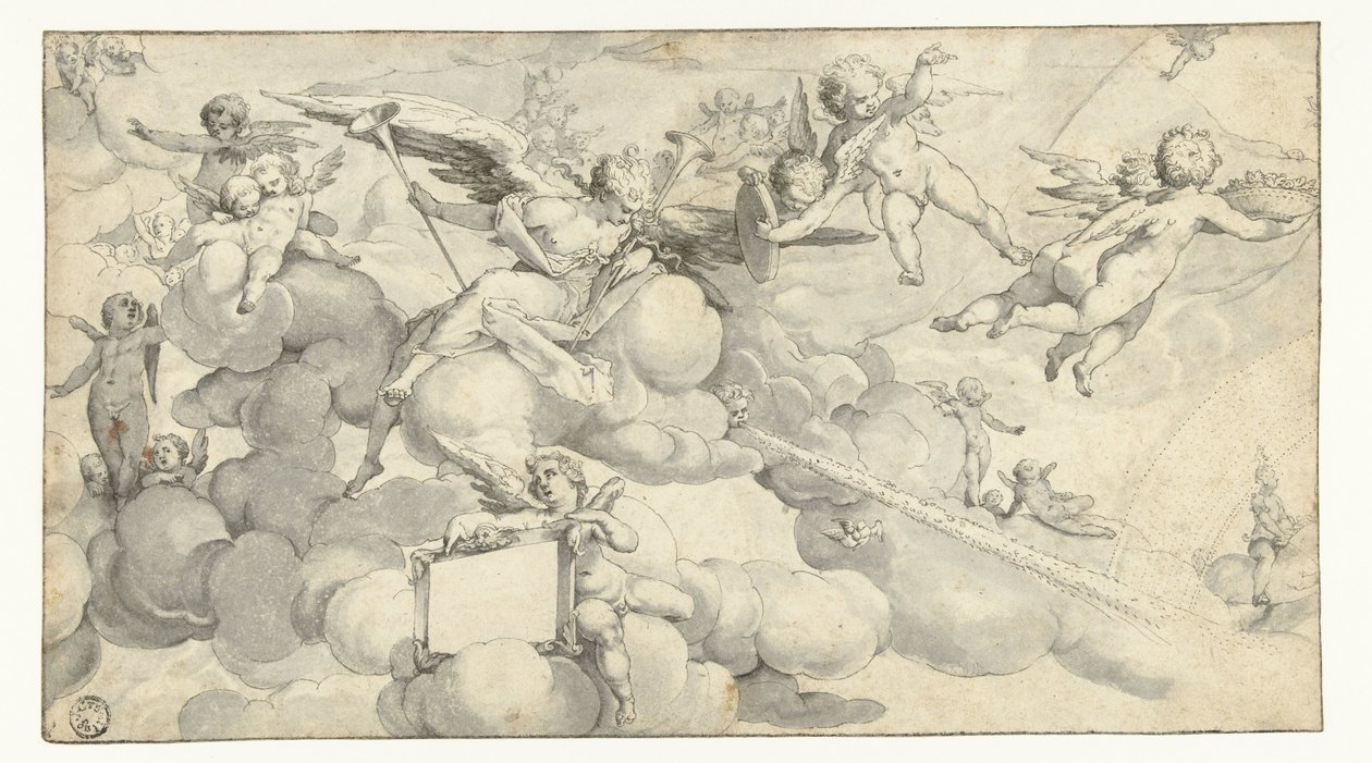 Putti og engel med cartouche af Joachim Wtewael (circle of)