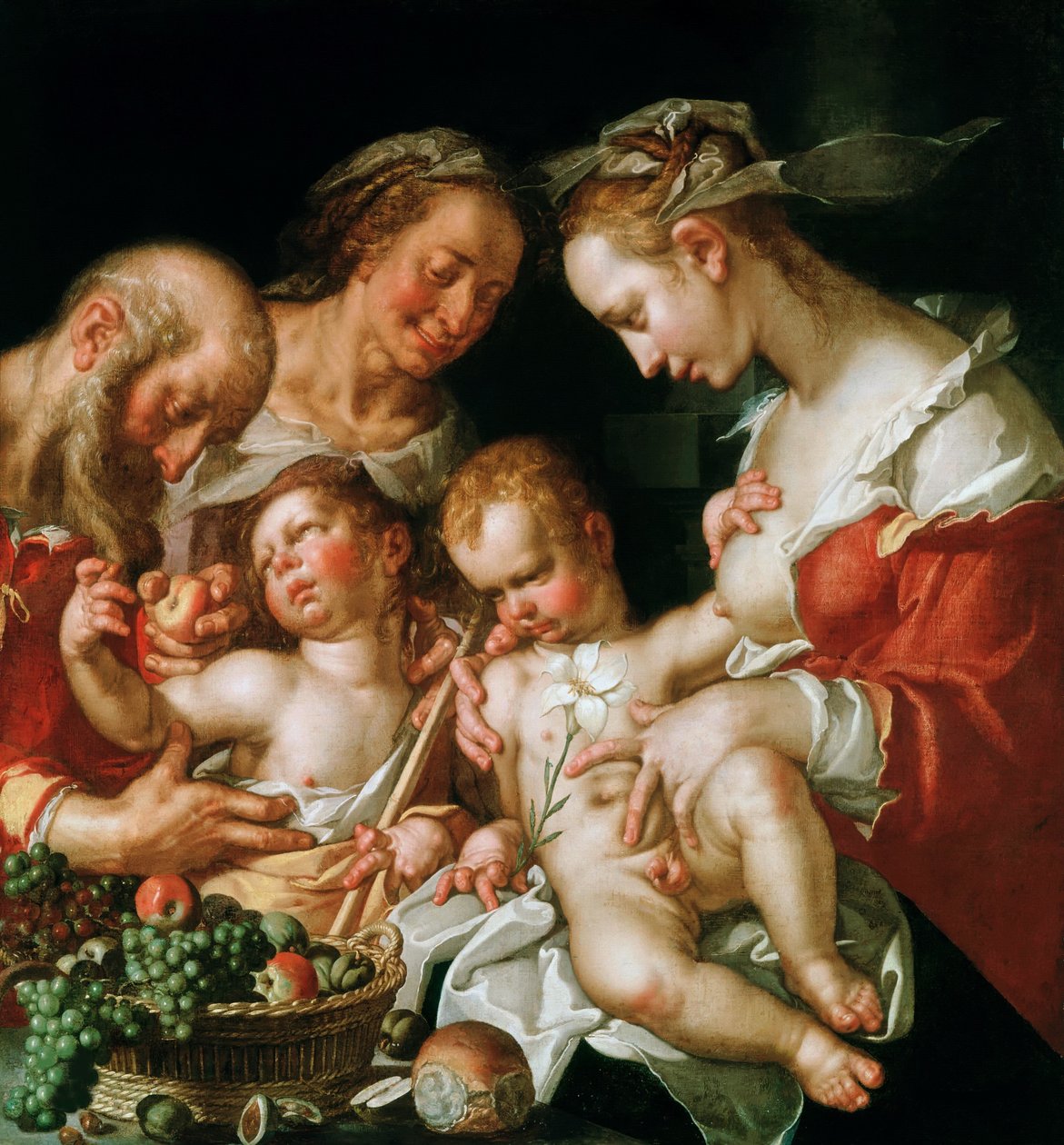 Den hellige familie med Johannes Døberen, ca. 1600. af Joachim Wtewael or Utewael