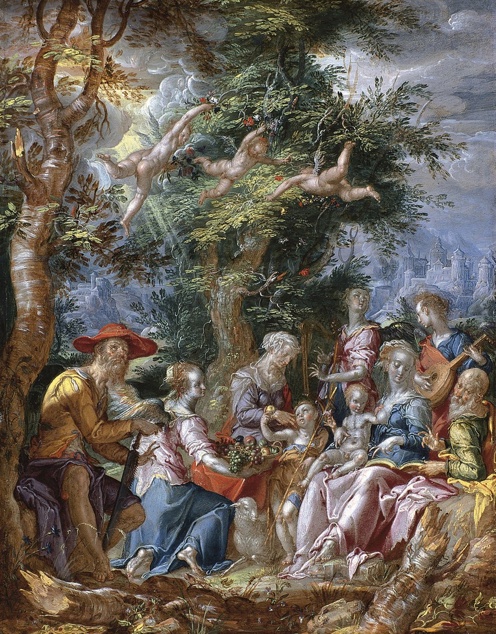 Den hellige familie med hellige og engle af Joachim Wtewael or Utewael