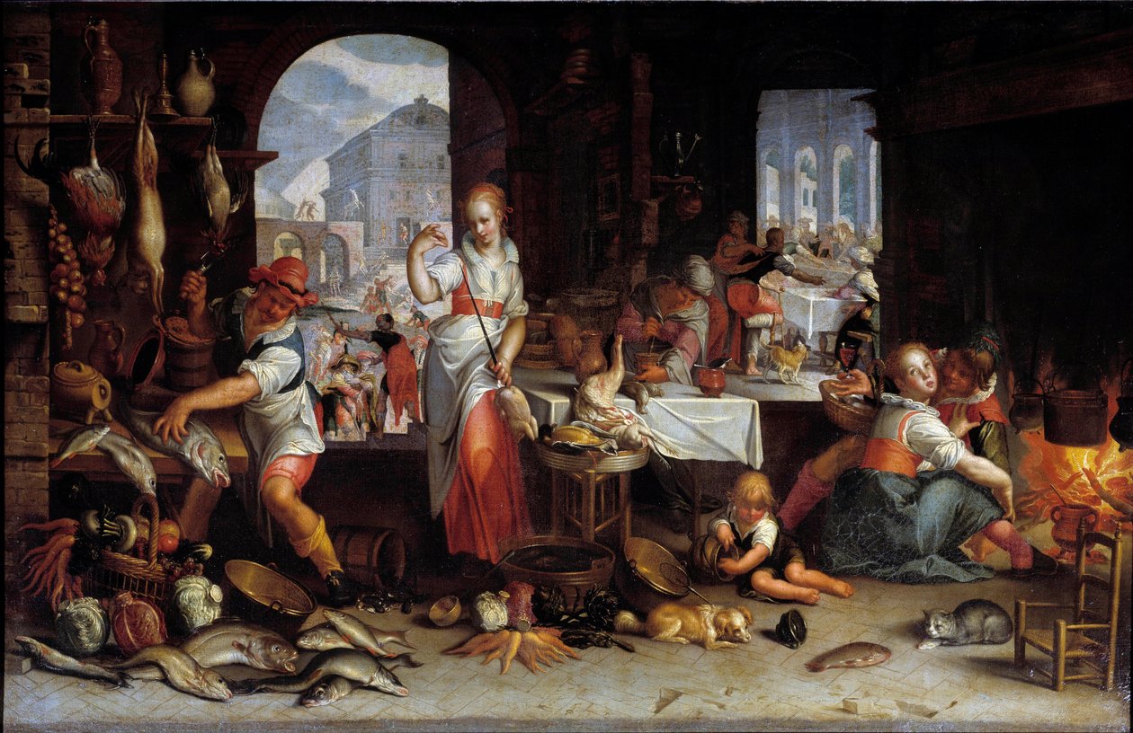En kvinde spinder en kylling i et køkken fyldt med mad. Maleri af Joachim Wtewael (1556-1638) søn. 0,63x1 m af Joachim Wtewael or Utewael