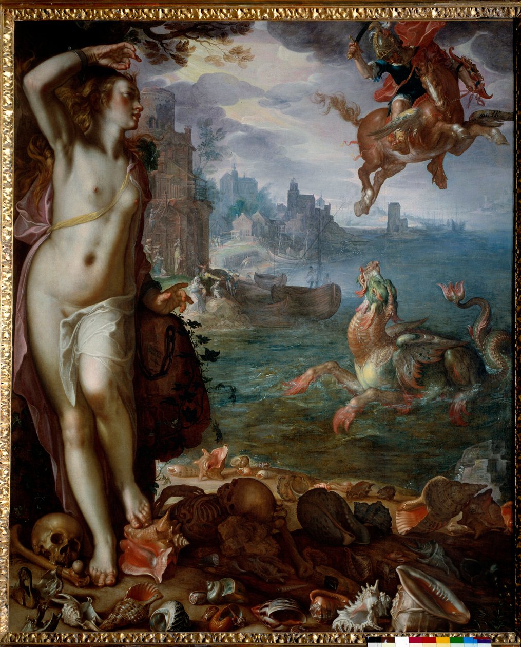 Perseus redder Andromeda lænket på en klippe. Heltene, klatrer på Pegase, kæmper mod et havmonster. Maleri af Joachim Wtewael (1566-1638) (Ec. Hol.) 1611 søn. 1,8x1,5 m af Joachim Wtewael or Utewael
