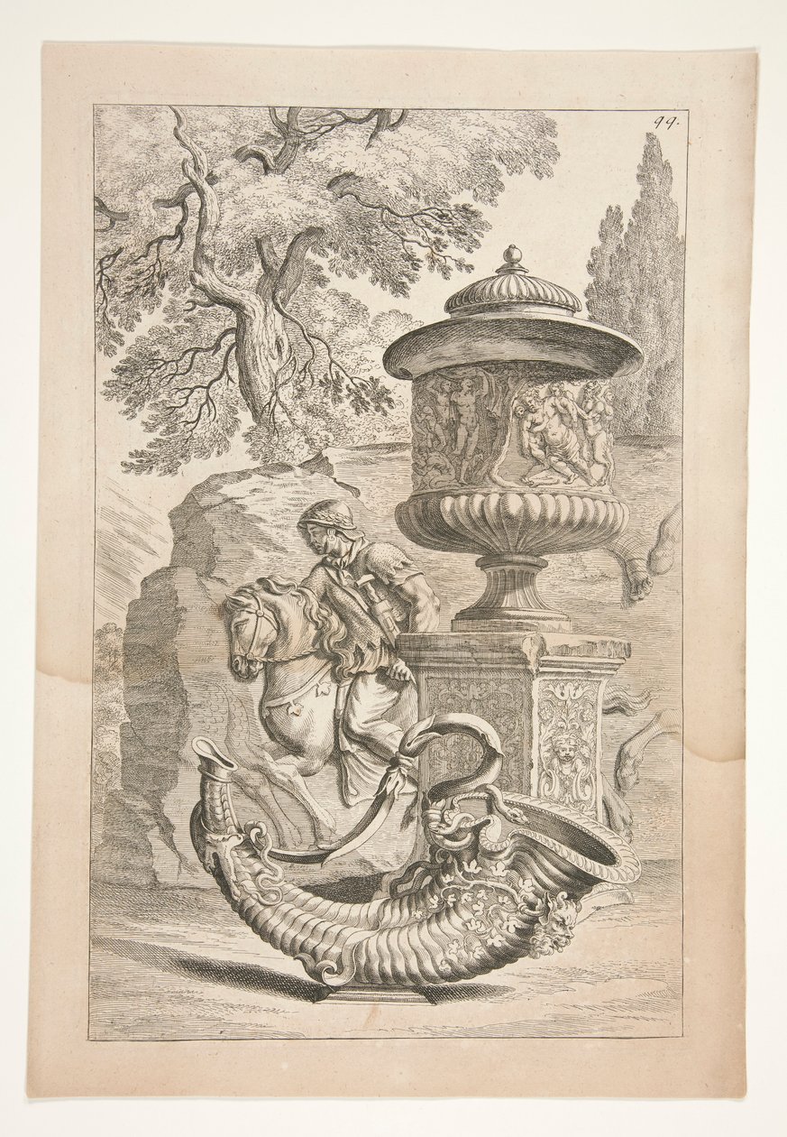 Et relief af krigere, en overdækket vase dekoreret med et bacchic relief og et overflødighedshorn i et landskab af Joachim von Sandrart