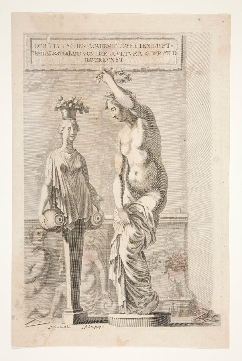 En statue og en kvindelig herm, der bærer vaser og frugt af Joachim von Sandrart