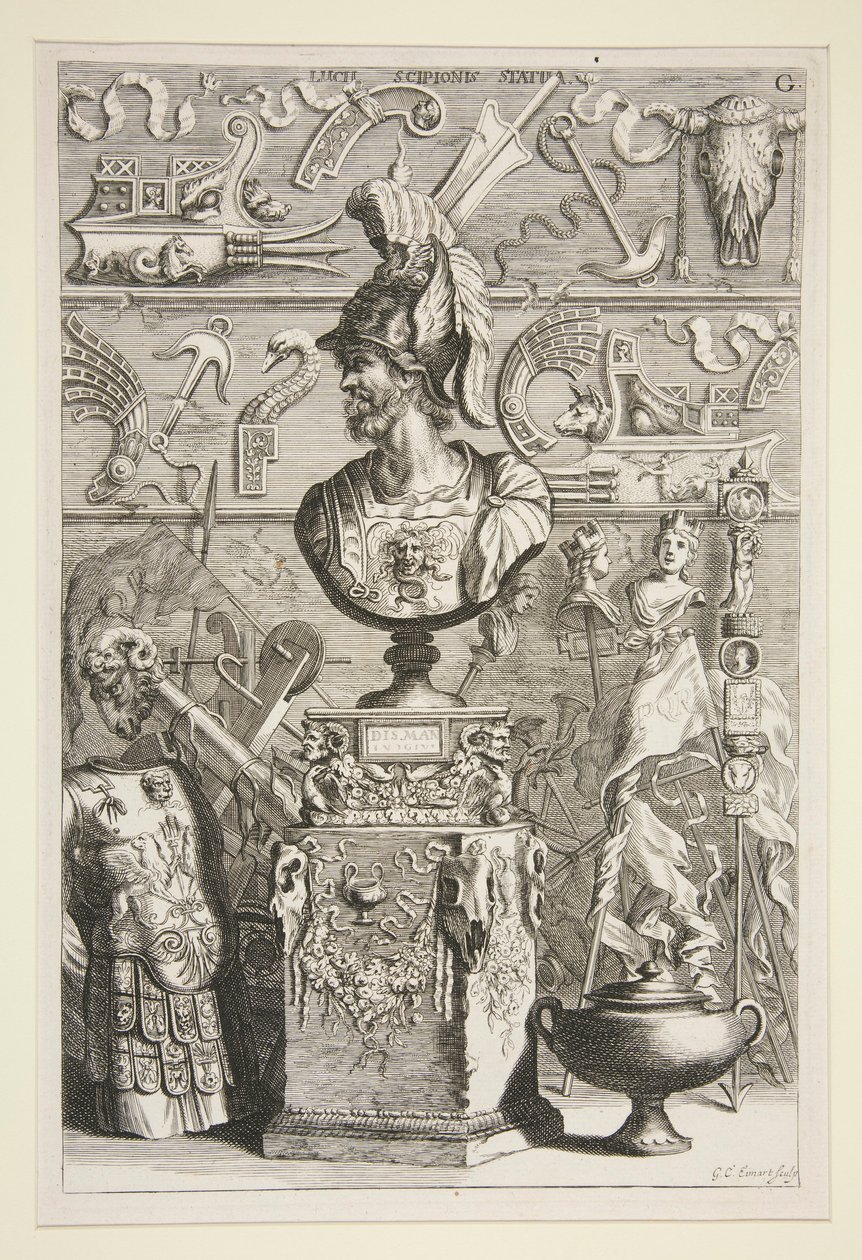 En statue af Lucius Sciopione, rustning og andre antikke bannere og fragmenter af Joachim von Sandrart
