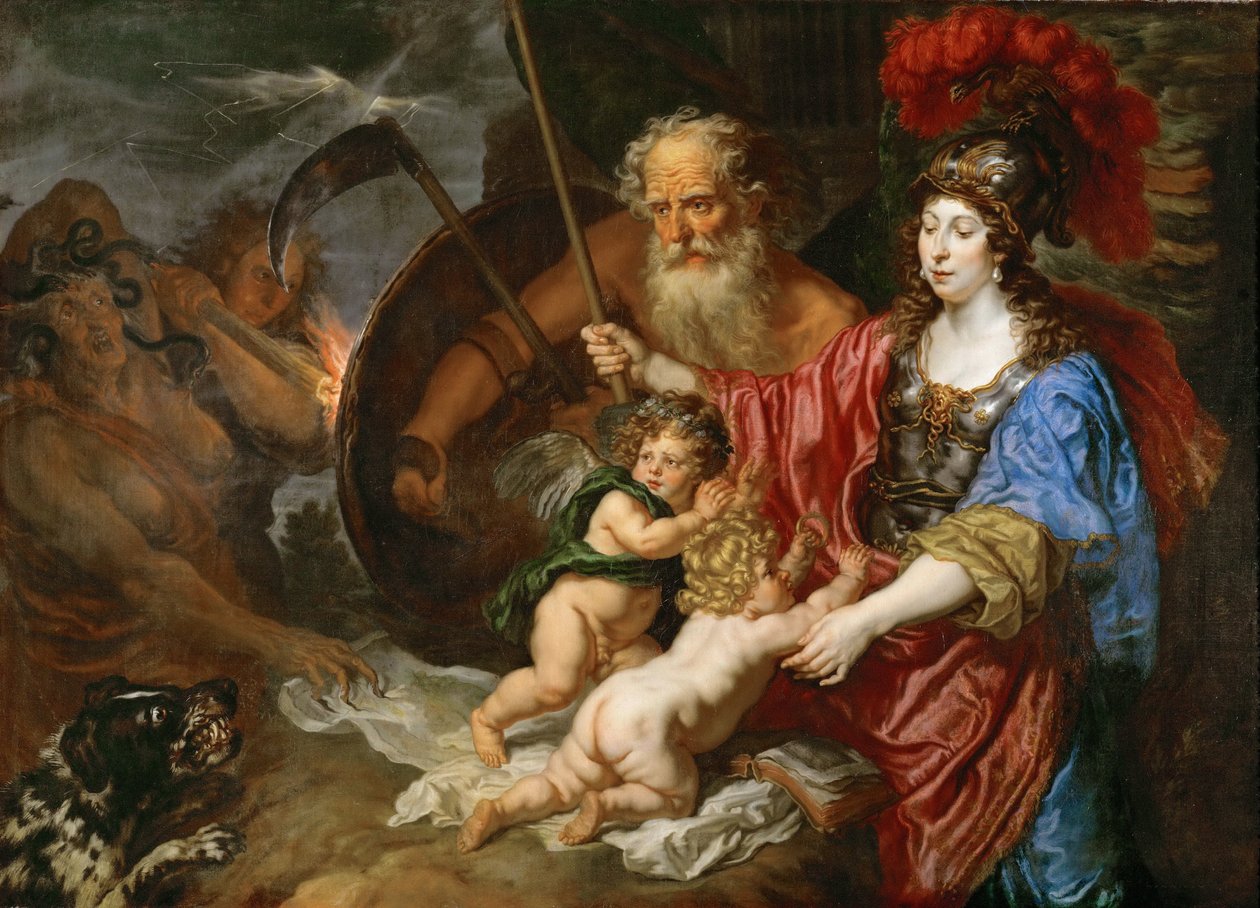 Barok: Minerva og Saturn beskytter kunst og videnskab mod misundelse og falskhed - Minerva og Saturn beskytter kunst og videnskab mod misundelse og falskhed af Sandrart, Joachim, von (1606-1688) af Joachim von Sandrart