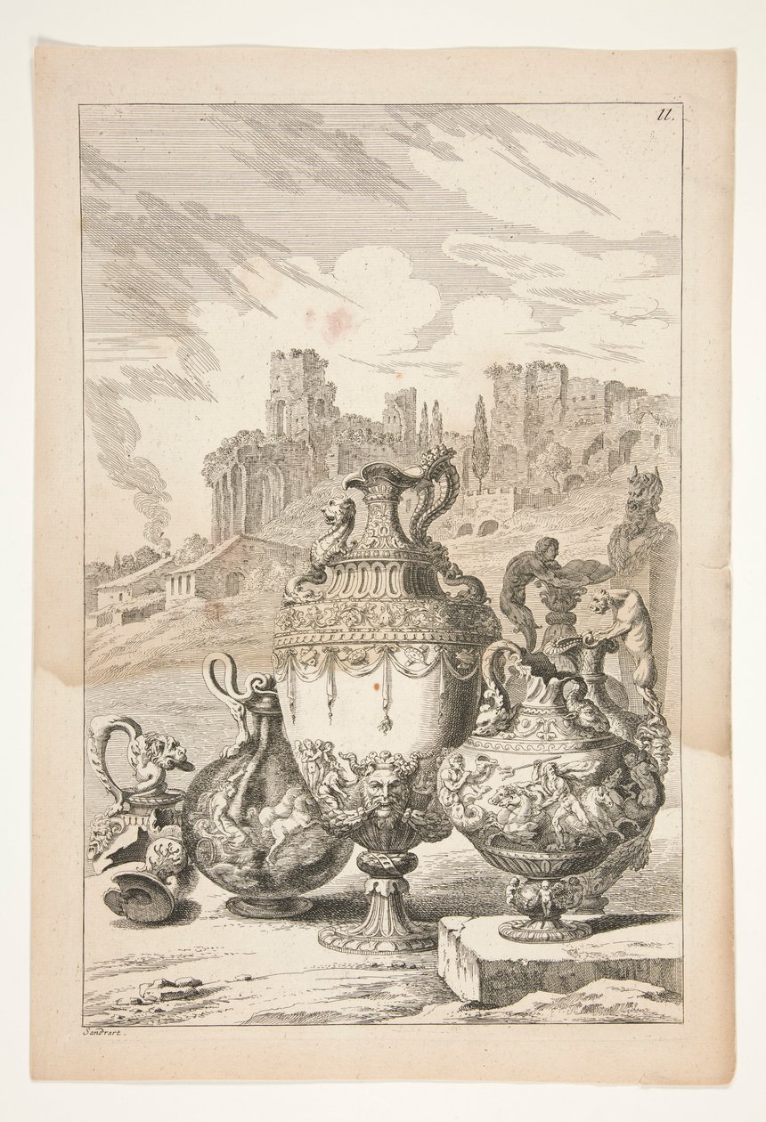 Fire vaser, en knust vase, en knækket lysestage og en herm i et landskab med klassiske ruiner af Joachim von Sandrart