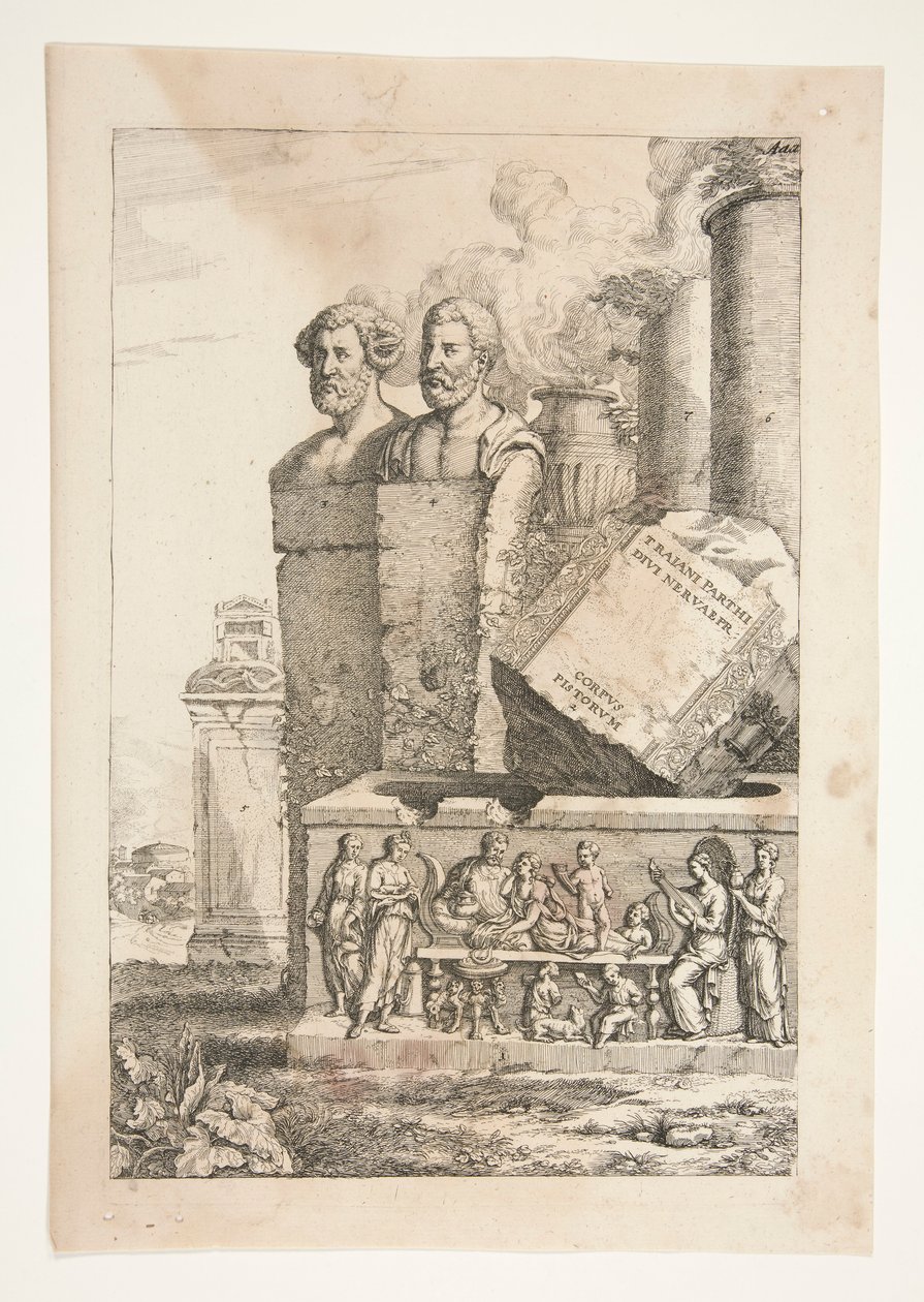 Portrætbuster, søjler, rygeurne og et relief af Joachim von Sandrart