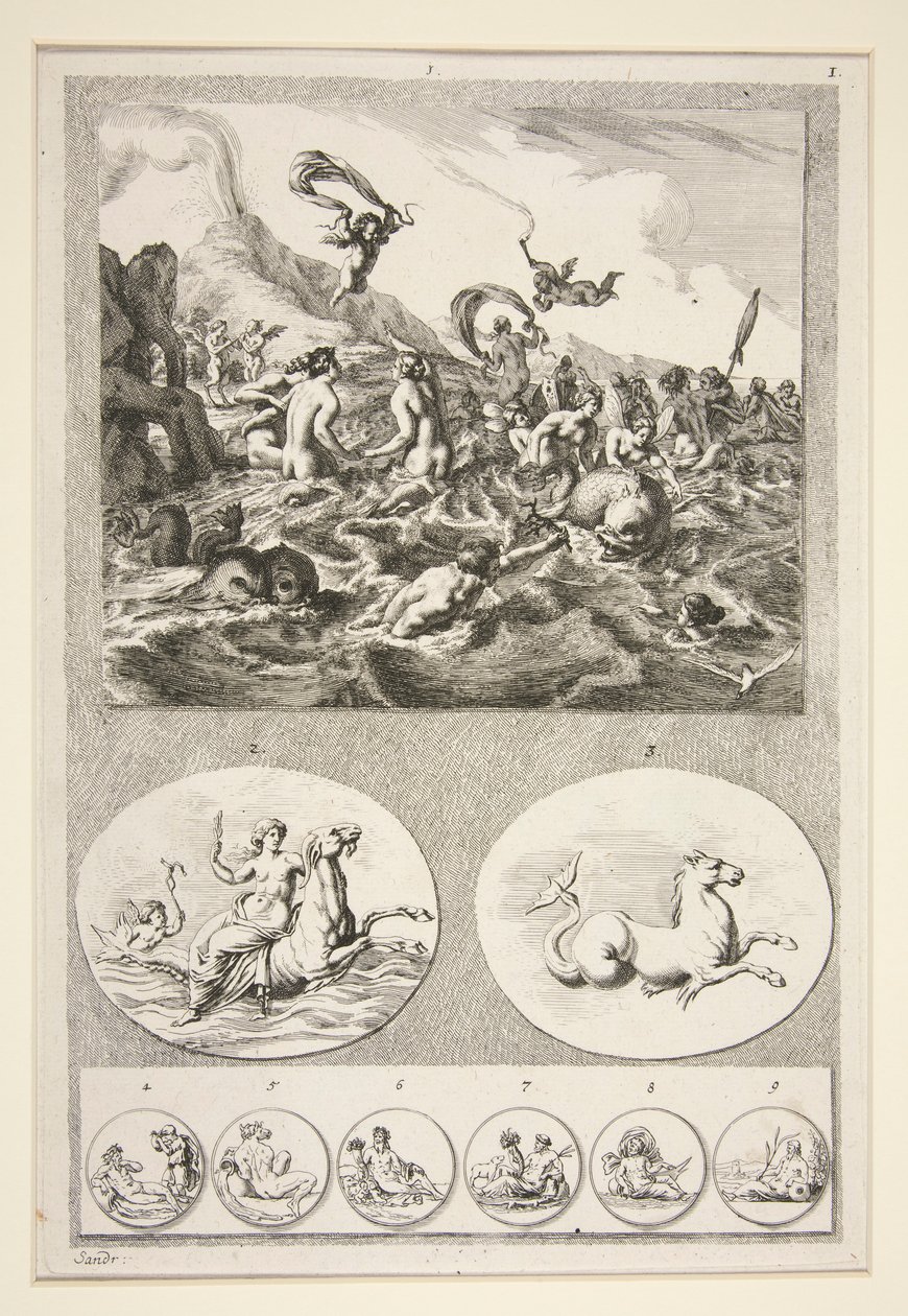 Øverste halvdel: Nereids Sporting Nederste halvdel: To relieffer og seks mønter af Joachim von Sandrart