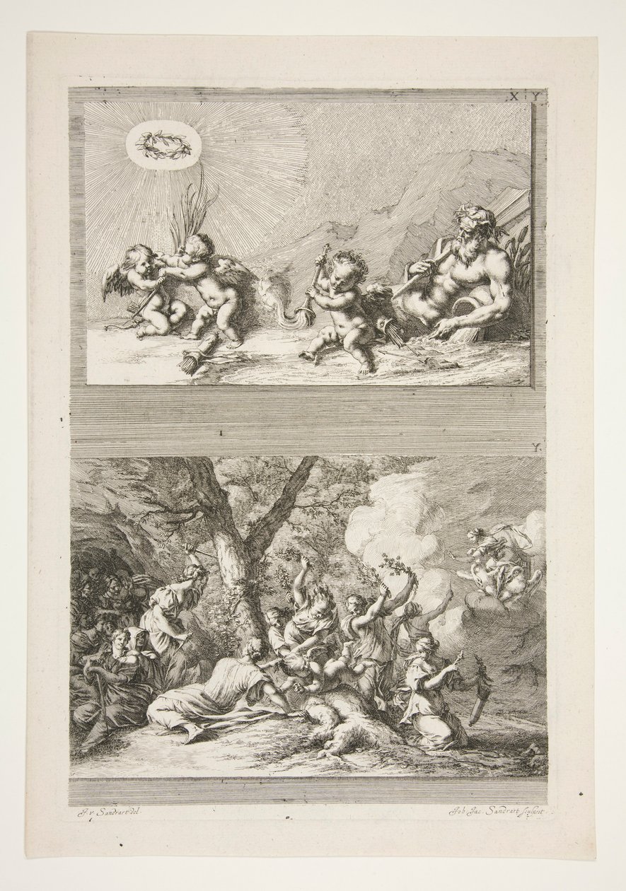 øverste halvdel: En flodgud og Putti leger med berømmelsessymbolerne nederste halvdel: The Punishment of Cupid af Joachim von Sandrart