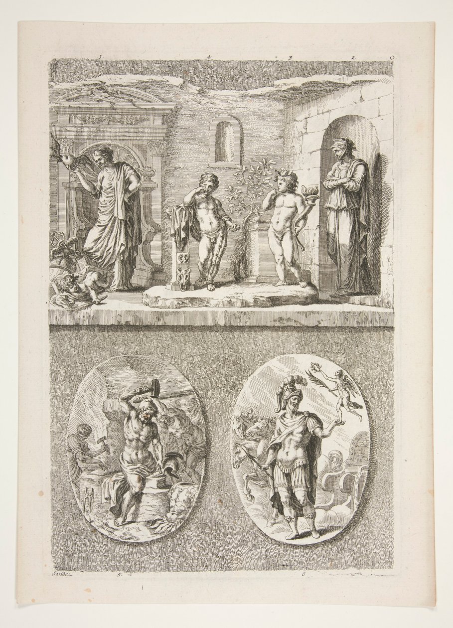 øverste halvdel: Fire antikke statuer nederste halvdel: Forge of Vulcan og A Victorious Roman General af Joachim von Sandrart