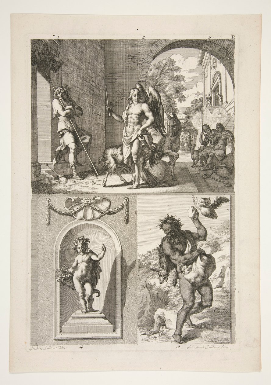 øverste halvdel: Ukendt religiøs Emne nederste halvdel: En statue af en putto i en niche og en statue af en faun i et landskab af Joachim von Sandrart
