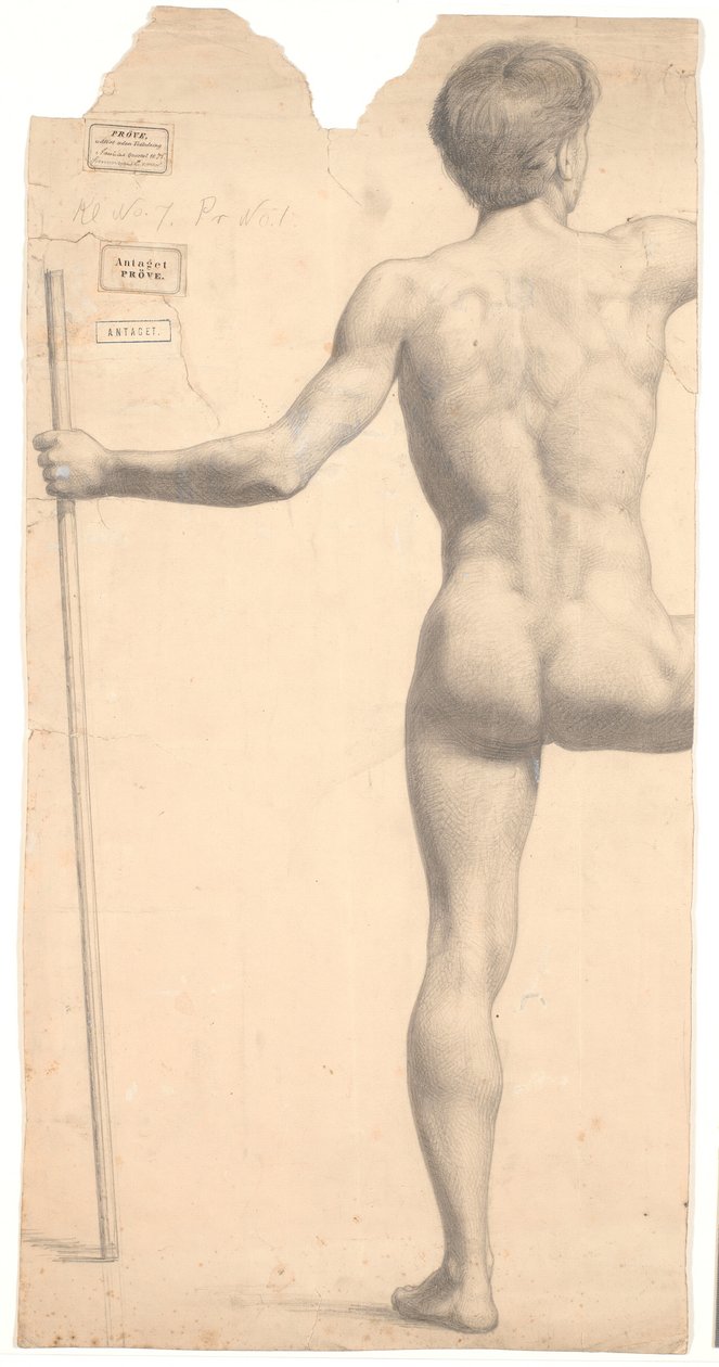 Stående mandlig model, set fra ryggen, stav i venstre hånd, højre arm og ben afskåret af Joakim Frederik Skovgaard