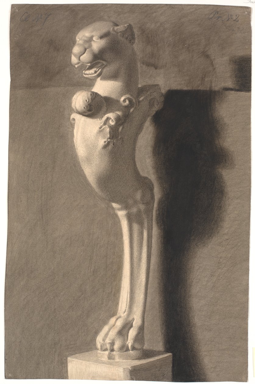 Tegning efter gips. Kopi efter antik (?) skulptur. Ornament med løvehoved og -fod af Joakim Frederik Skovgaard
