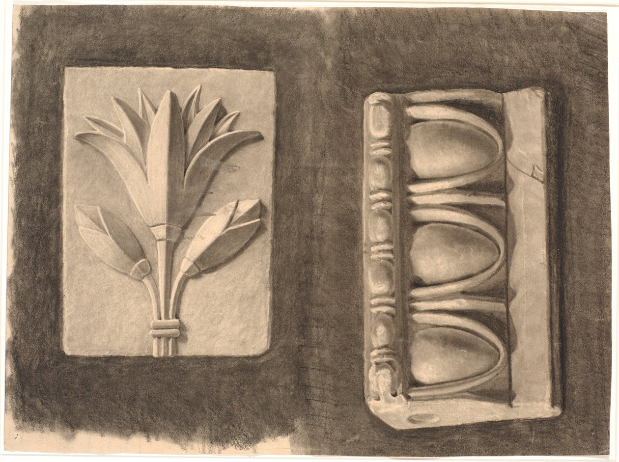 Tegning efter gips. To ornamentale fragmenter af Joakim Frederik Skovgaard