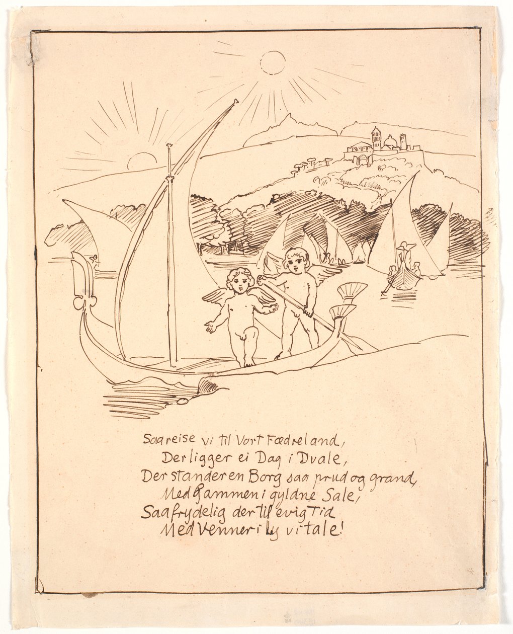 Udkast til sidste illustration med englebørnene i båden af Joakim Frederik Skovgaard