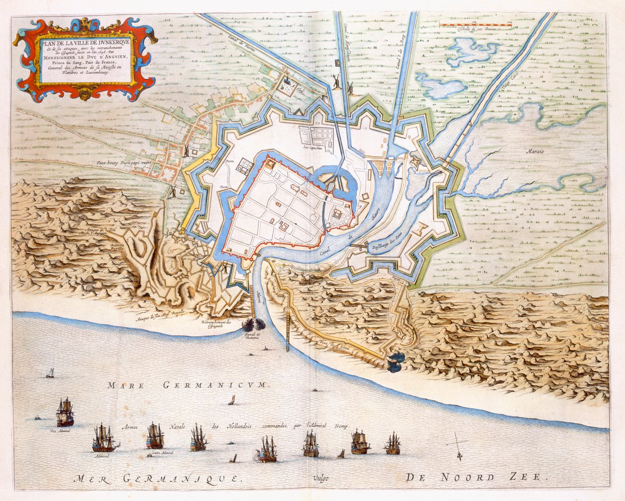 Byen Dunkerque under den spanske dominans: plan, der viser kystforsvaret, slottet og bastionbefæstninger, 1649 (håndfarvet gravering) af Joan Blaeu