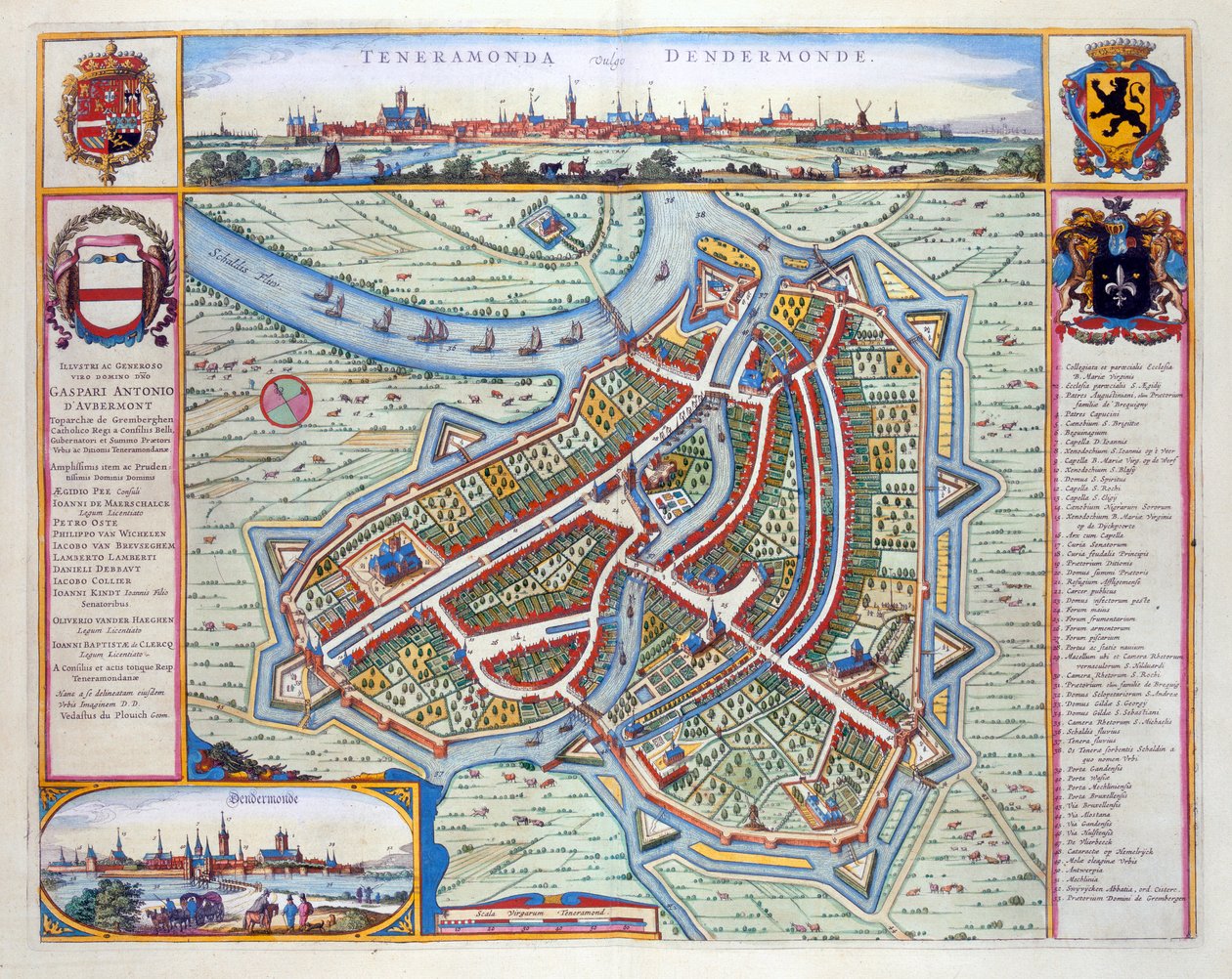 Dendermonde, 1649 (håndkoloreret gravering) af Joan Blaeu