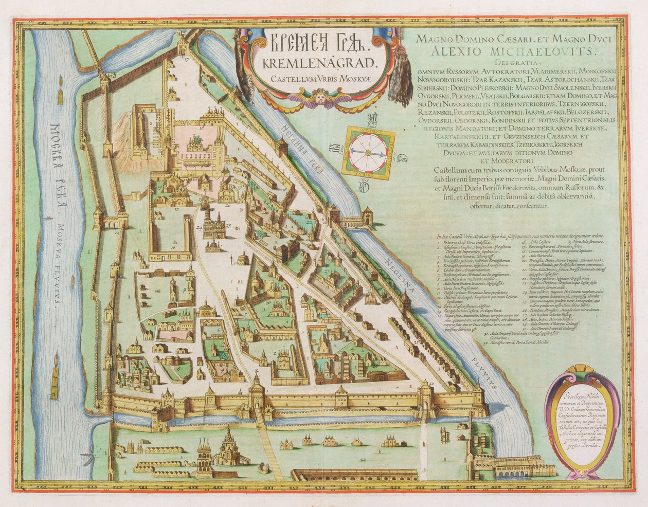 Kort, der viser Kreml, Moskva, 1662 (håndfarvet radering) af Joan Blaeu