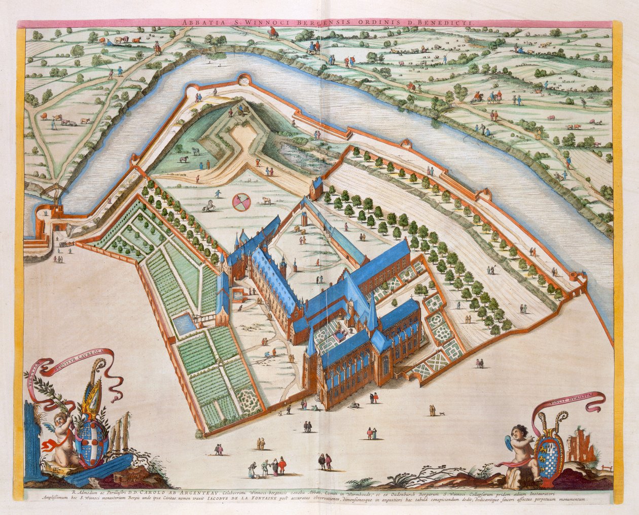 Benedictine Abbey of St Winnock, Bergen, Holland, 1649 (håndfarvet gravering) af Joan Blaeu