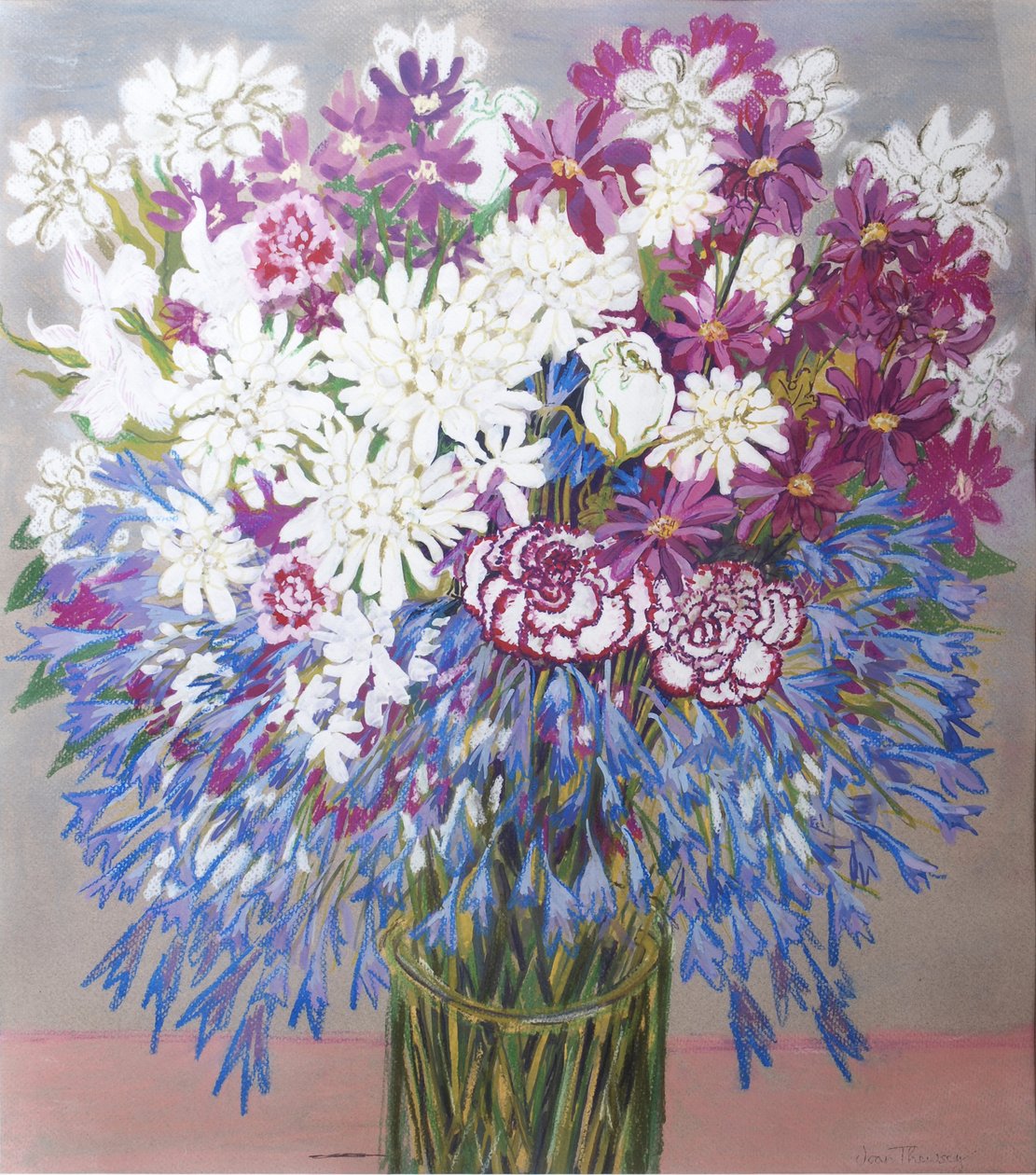 Agapantha, krysantemum og nelliker, 2012, Gouache af Joan Thewsey