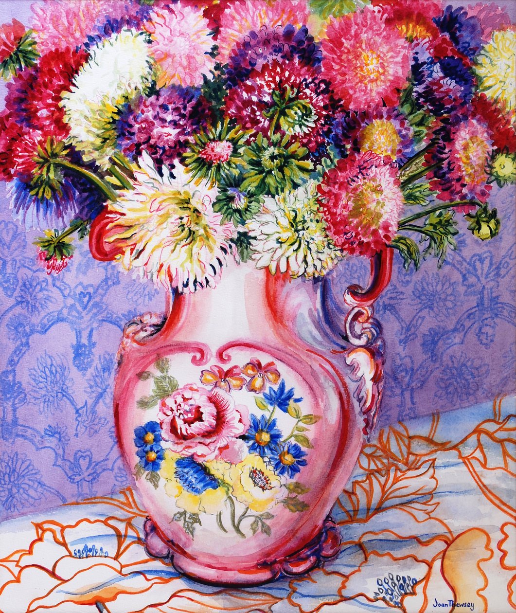 Asters in a Pink Floral Victorian Jug 2002(wc på papir) af Joan Thewsey