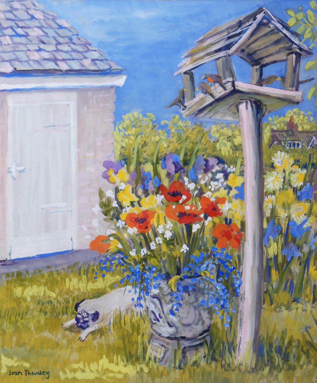 Cottage Garden med fuglehus og mops, 2011, gouache af Joan Thewsey