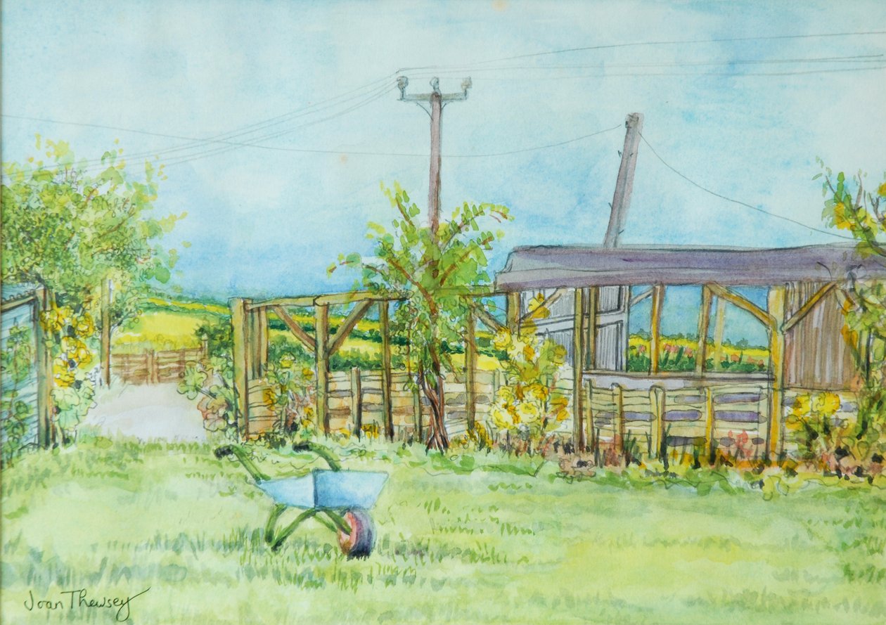 Cottage Garden med trillebør, 2011, blyant og akvarel af Joan Thewsey