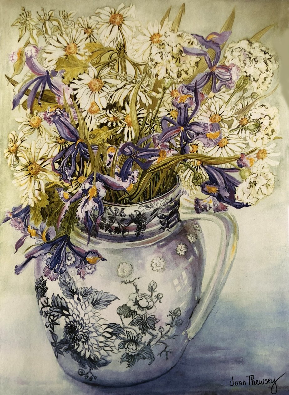 Iris, krysantemum og nelliker i en Copeland kande, af Joan Thewsey