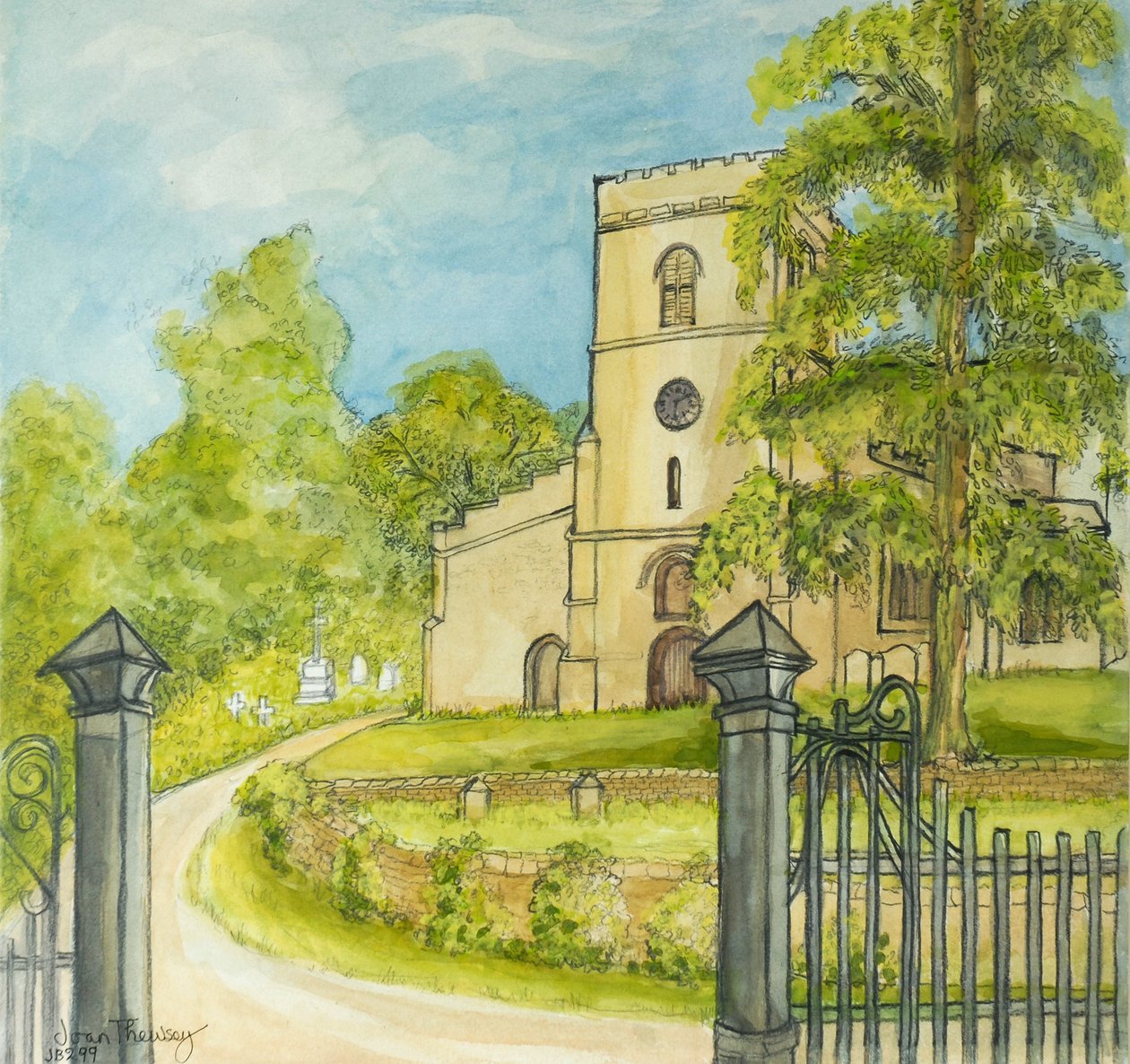 Moulton Church, 2010, blyant med vandfarve af Joan Thewsey