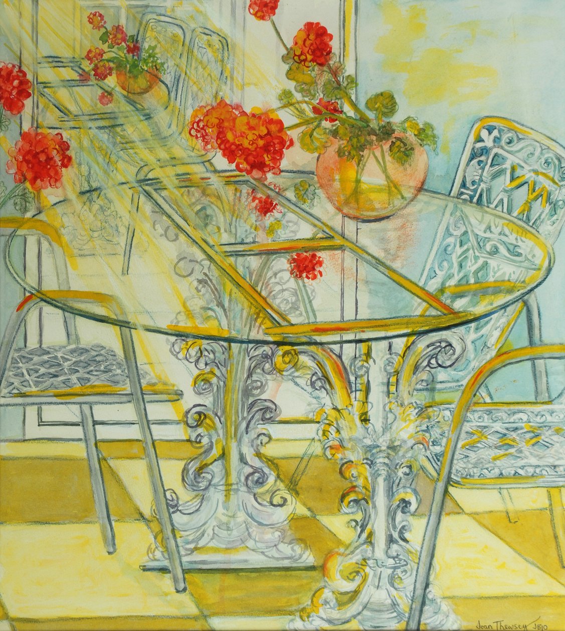Patio Garden, Geranier reflekteret, 2010, akvarel af Joan Thewsey