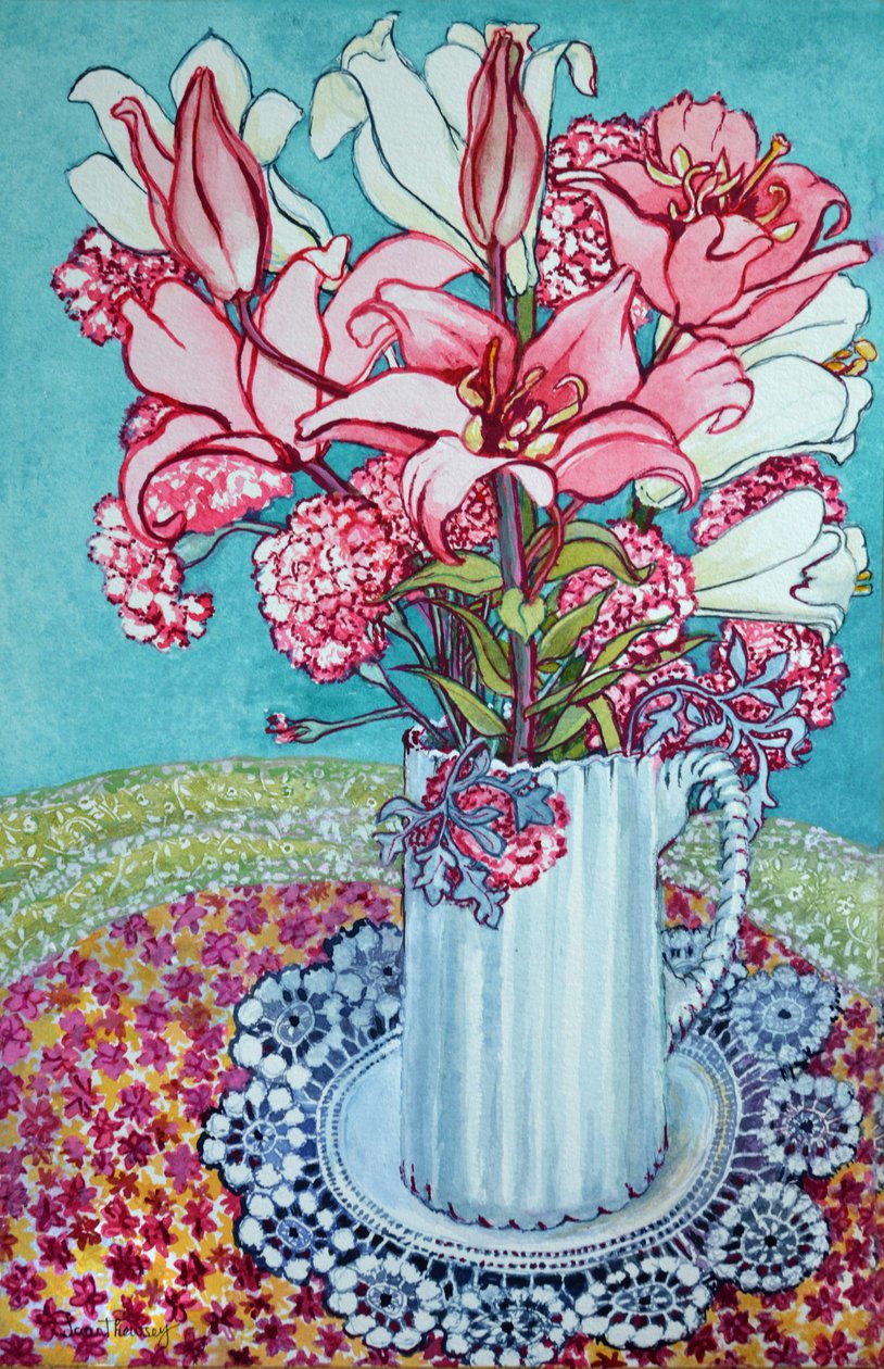 Pink Lilies in a Jug, with Lace, 2000, af Joan Thewsey