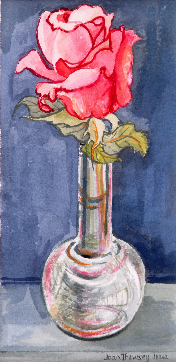 Pink Rose in a Bud Vase, 2000. Vandfarve på håndlavet papir af Joan Thewsey
