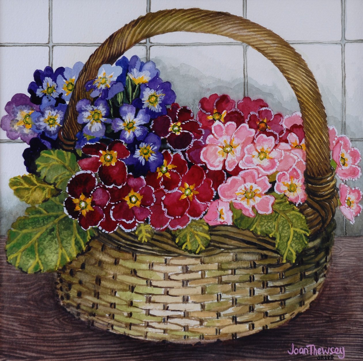 Red Mauve og Pink Primroses in a Basket 2012 af Joan Thewsey