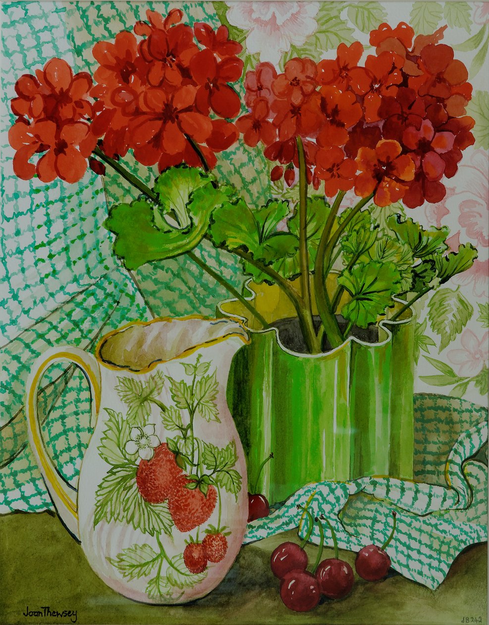 Rød geranium med jordbærkande og kirsebær (wc på håndlavet papir) af Joan Thewsey
