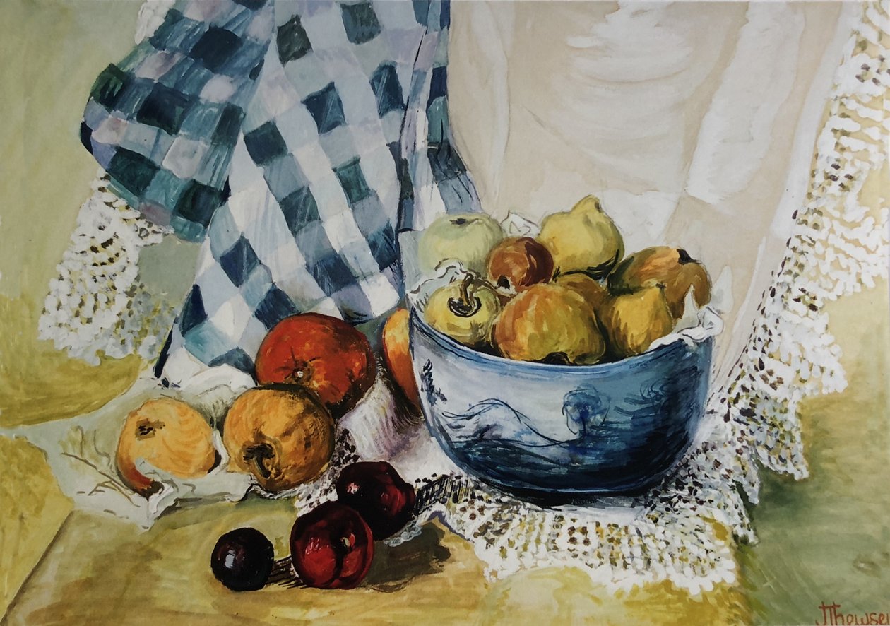 Stilleben med en blå skål, æbler, pærer, tekstiler og blonder, (gouache) af Joan Thewsey