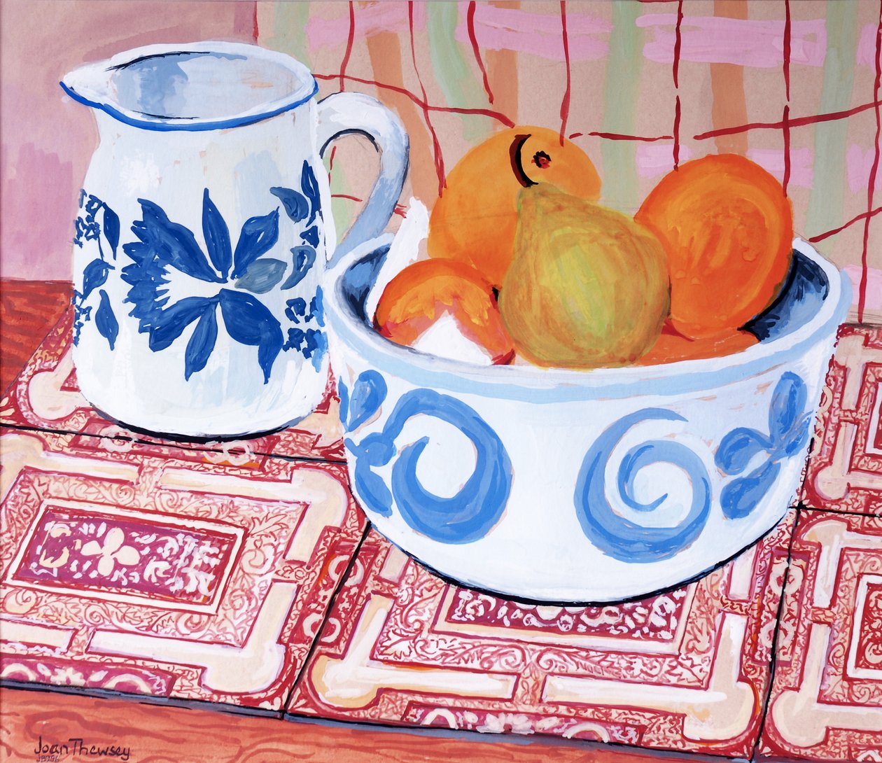 Stilleben; Blå og hvid skål og kande; Gouache af Joan Thewsey