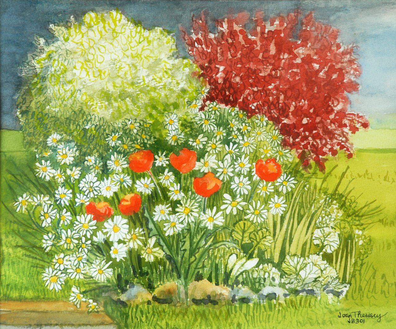 Suffolk Garden, Rain Coming, 2011, vandfarve af Joan Thewsey