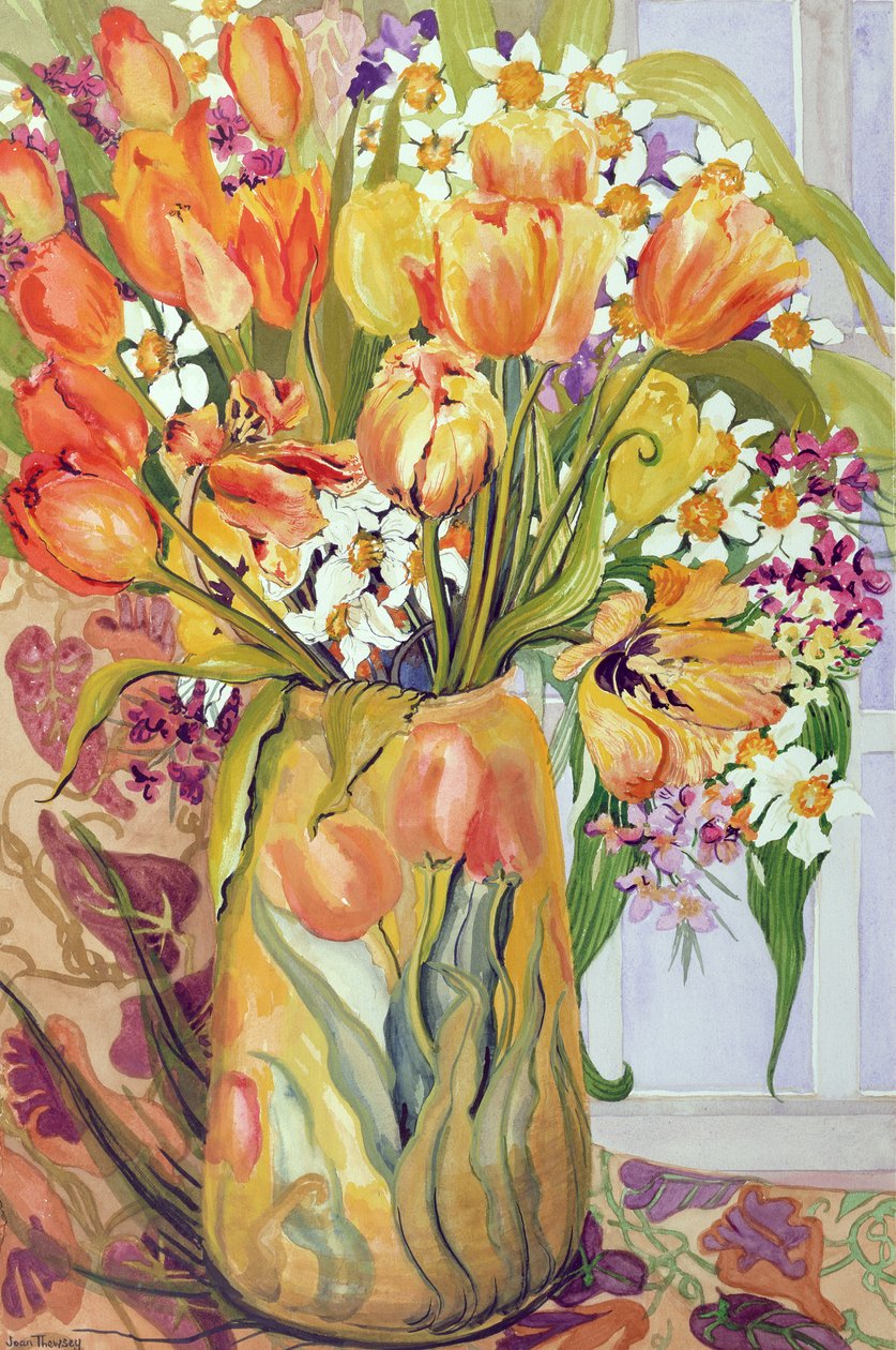 Tulipaner og narcisser i jugendvase af Joan Thewsey
