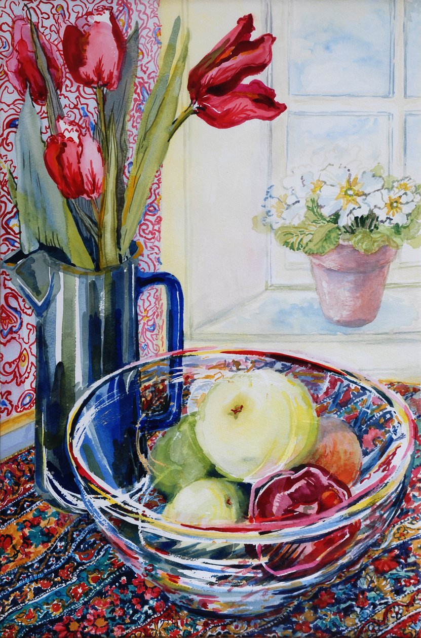 Tulipaner i en kande, med en glasskål 2003 af Joan Thewsey