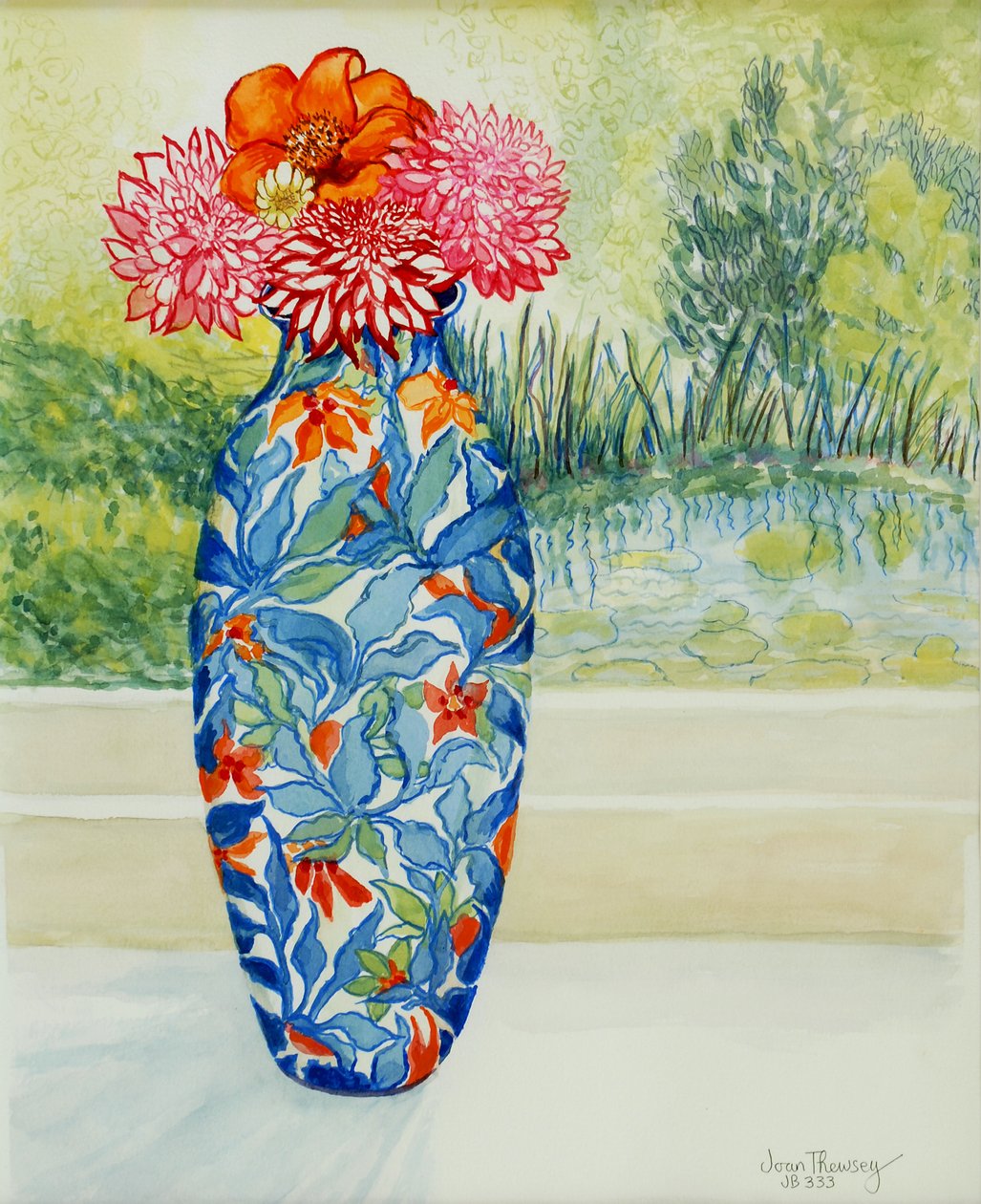 Vase med dahliaer og udsigt over dammen, 2001, af Joan Thewsey