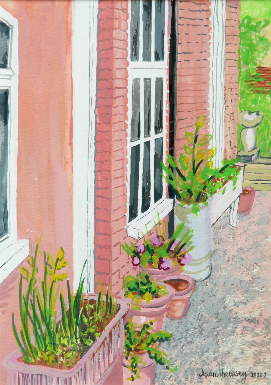 Udsigt fra hyttens køkkenvindue med planter, 2010, gouache af Joan Thewsey