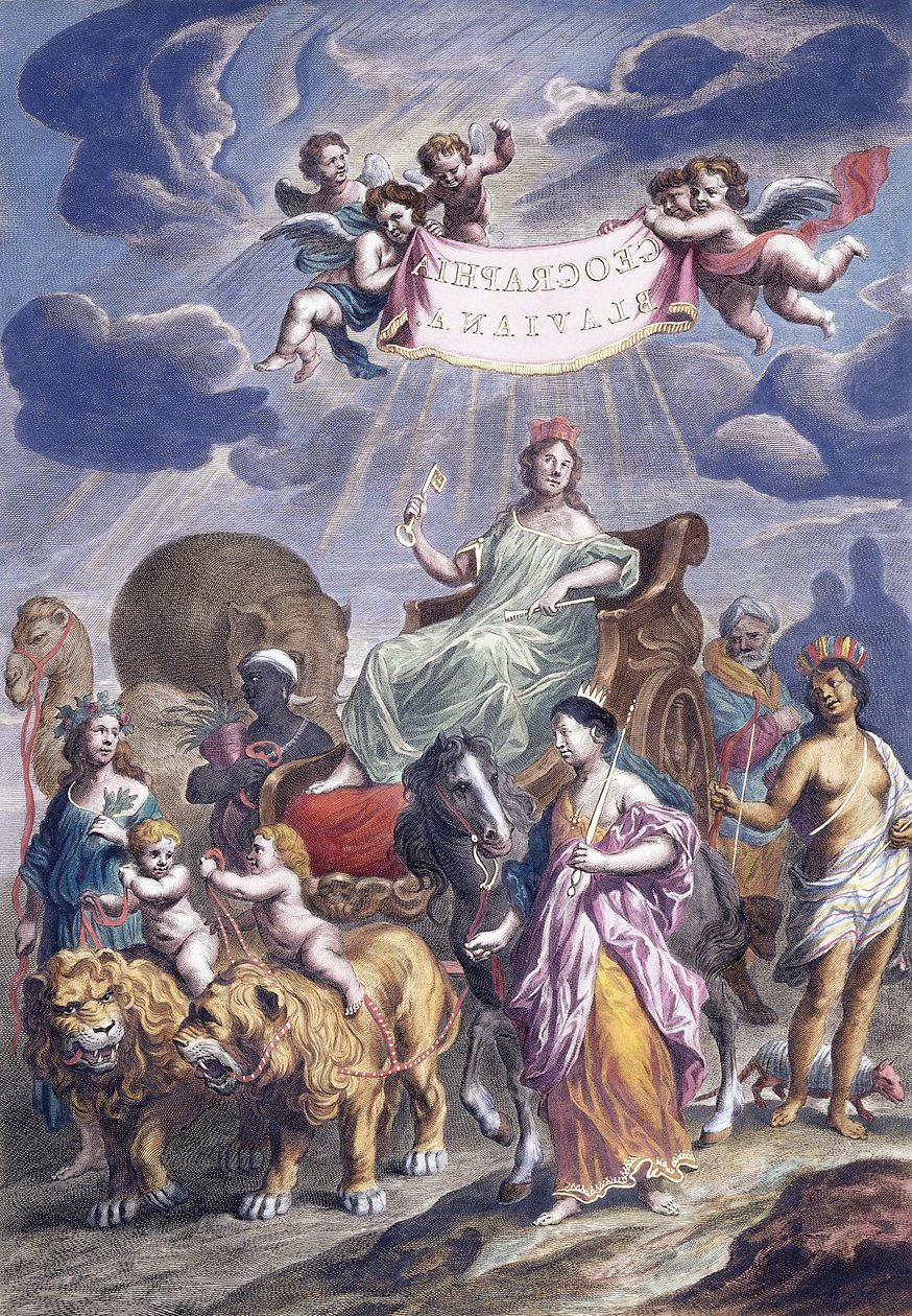 En allegorisk plade med titel, Geographia Blaviana, ca. 1662-1667 af Joan Blaeu