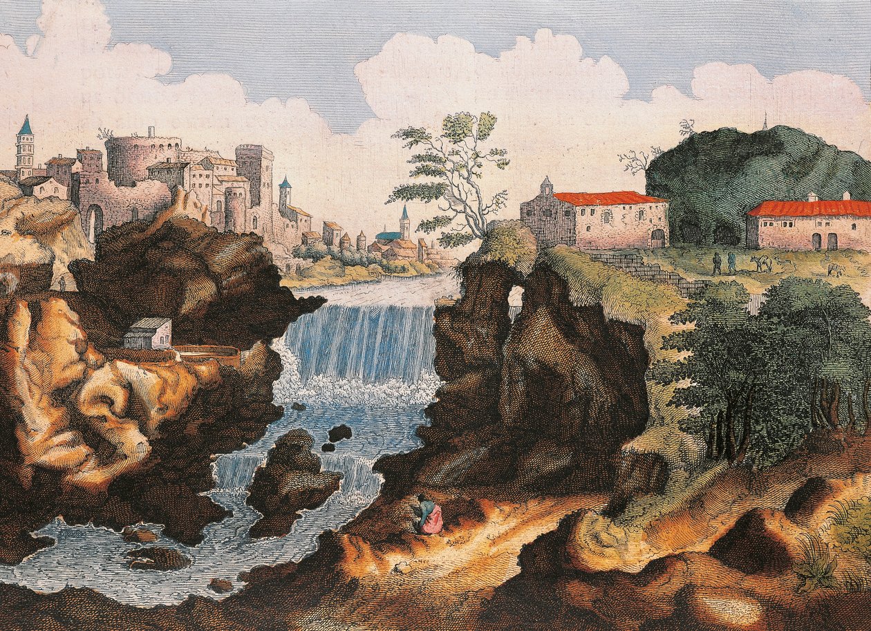Aniene-vandfaldet i Tivoli (Rom), Fra Italiens vidunderes by, af Joan Blaeu, maleri af Joan Blaeu