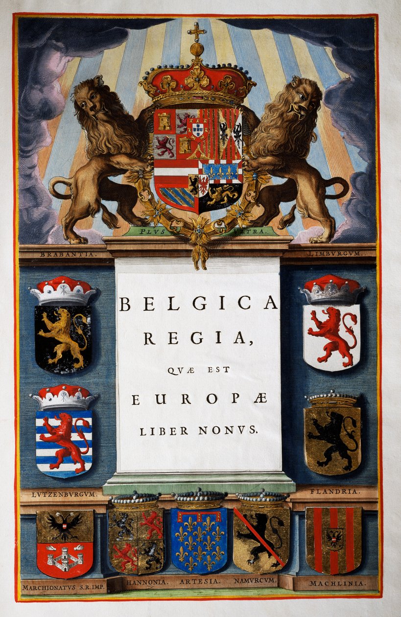 Belgica Regua quae est Europae, Bog IX, titelblad til bind IV, fra Atlas Maior, atlas i 11 bind, af Joan Blaeu (1596-1673), kobberstik, 57,5x39 cm, Amsterdam af Joan Blaeu