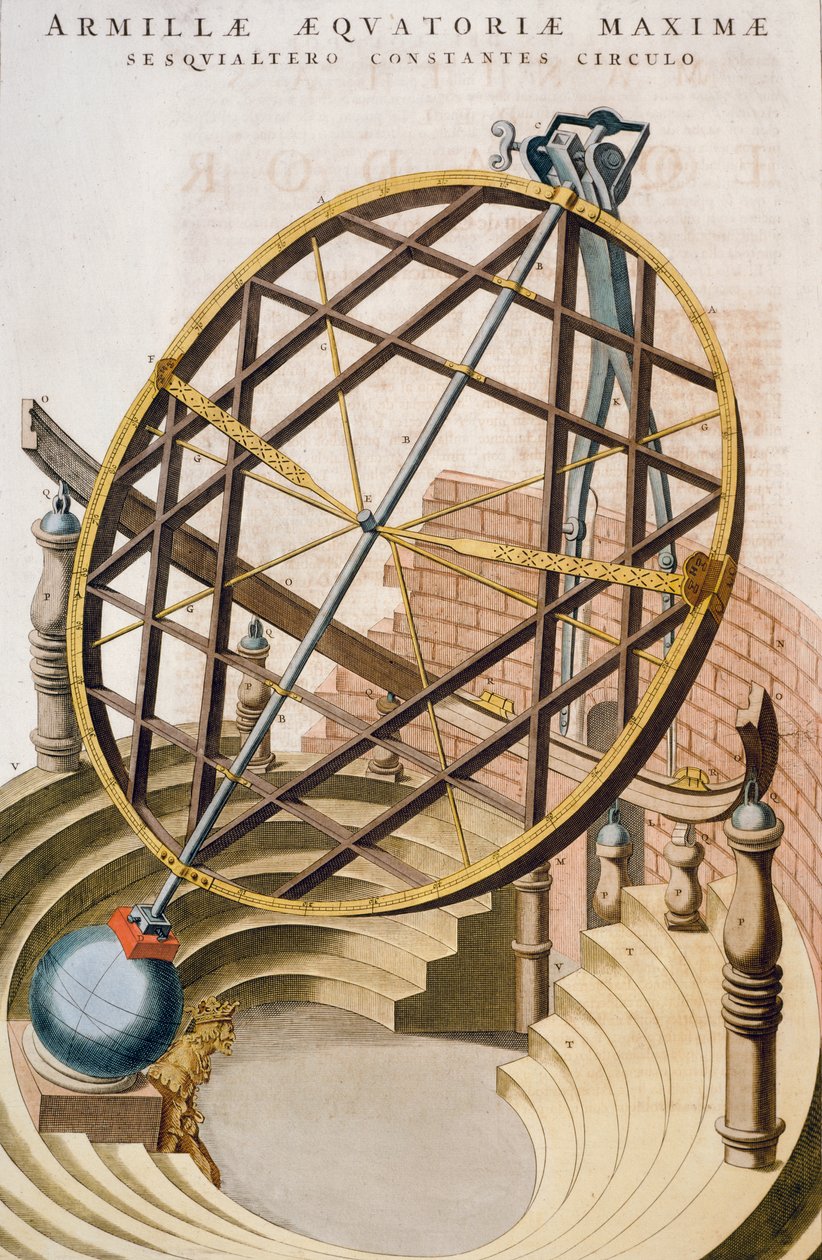 Stor ækvatorial armillarkugle designet af Tycho Brahe, illustration fra Le grand atlas ou Cosmographie blaviane (Atlas Maior), af Joan Blaeu, gravering, Holland af Joan Blaeu