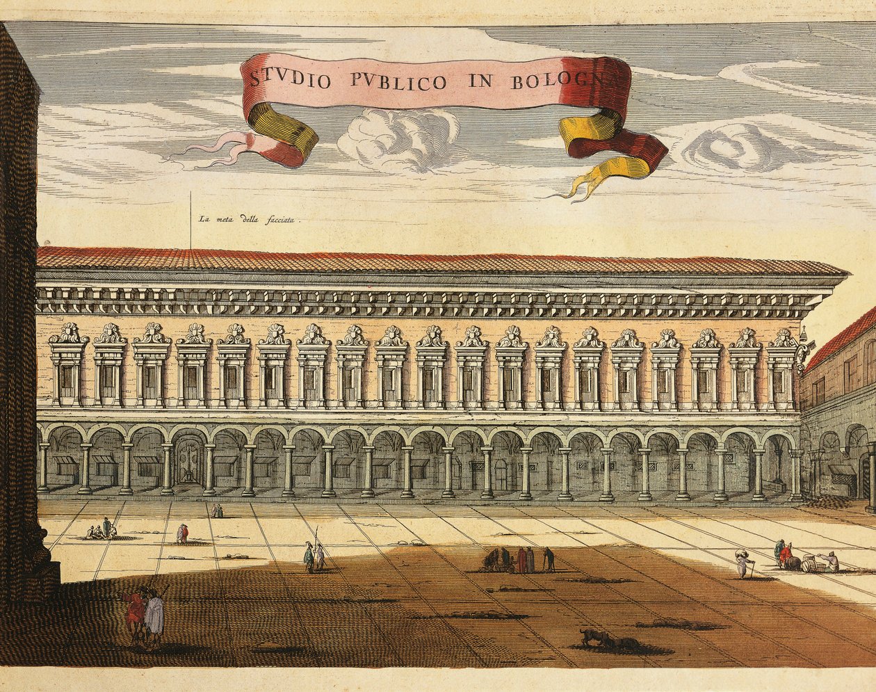 Italien, Bologna, Udsigt over det offentlige studie (Studio Pubblico) i 1600, gravering fra Theatrum Civitatum et Admirandorum Italiae af Jean Blaeu, Amsterdam af Joan Blaeu
