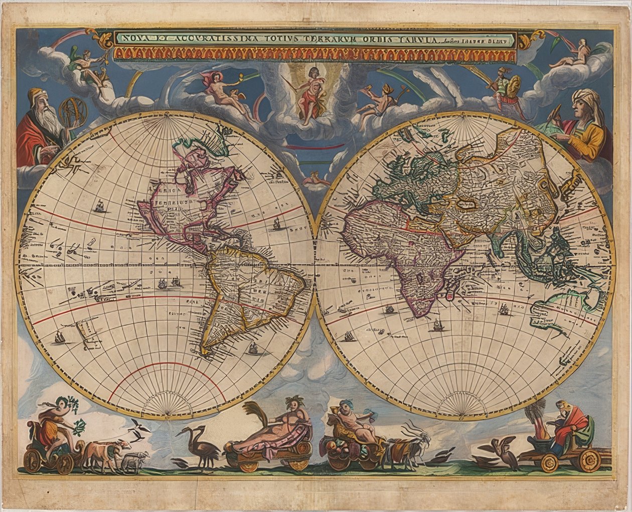 Kort over verden. Dobbelt halvkugle. 1662-64 af Joan Blaeu