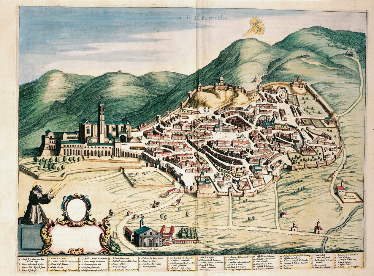 Kort over Assisi fra Theatrum civitatum et admirandorum Italiae, af Joan Blaeu, gravering af Joan Blaeu