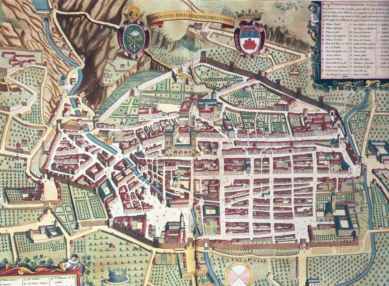 Kort over Gubbio, Italien, fra Theatrum civitatum et admirandorum Italiae af Joan Blaeu, gravering af Joan Blaeu